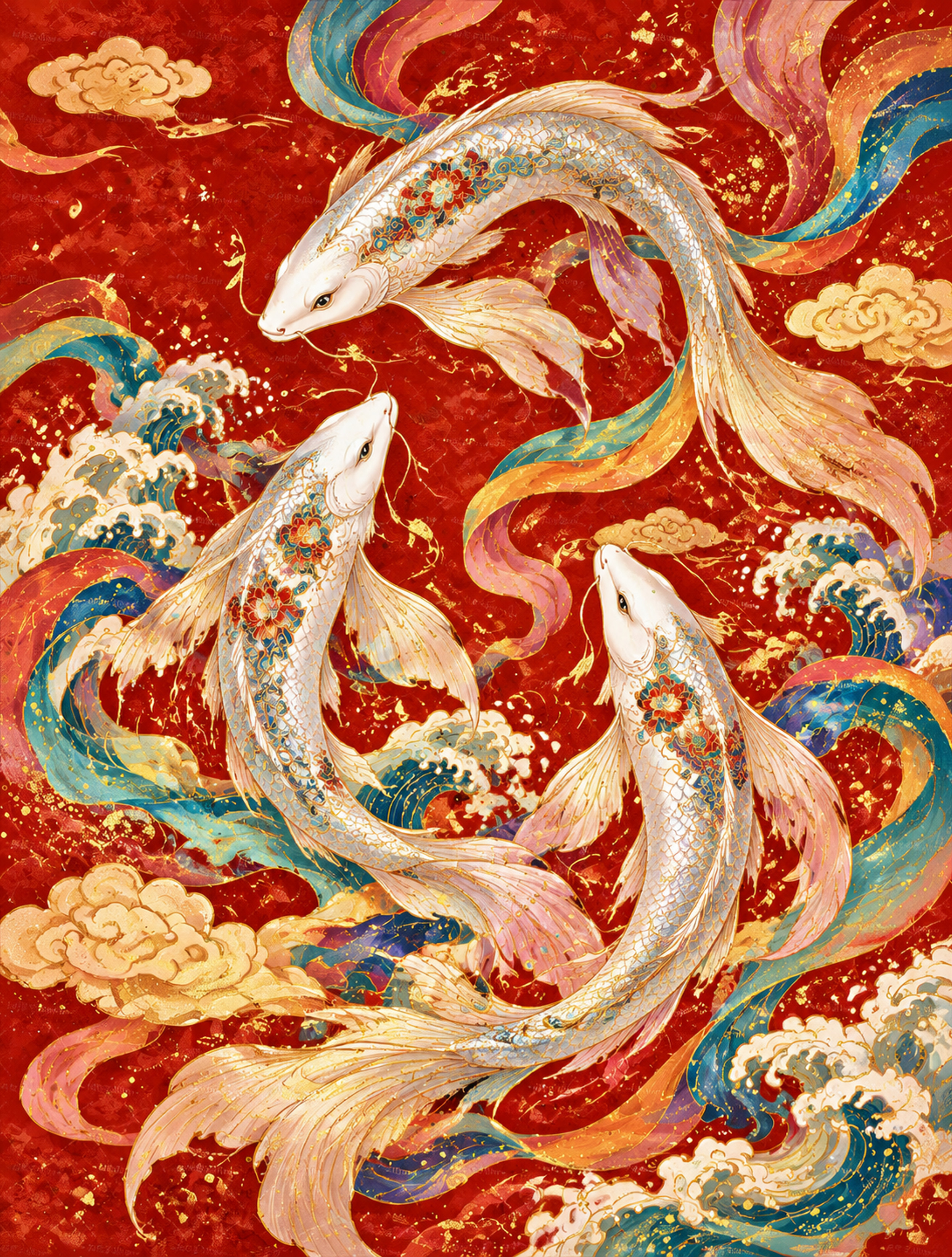 参考图的国潮插画风格，红色喜庆背景，金色描边，敦煌飘带元素，祥… - 图片创意预览