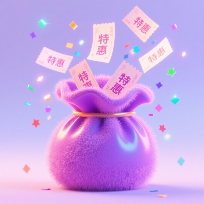 一个紫色福袋打开，弹出多张 “特惠” 券，散落彩色亮片，淡紫色渐变背景。预览效果