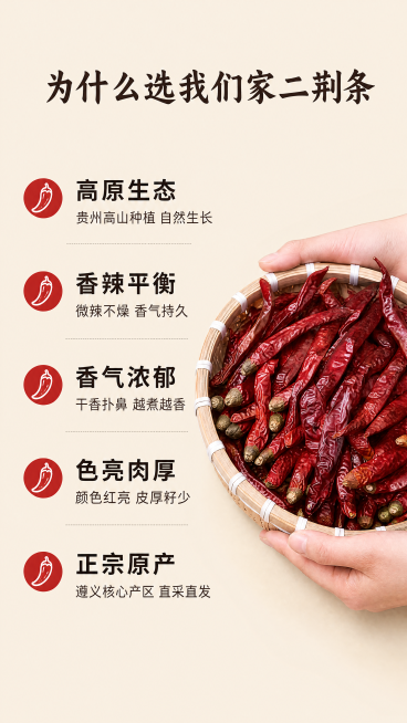 [第6屏] 核心卖点拆解解析屏，整理二荆条干辣椒五大核心优势。
[氛围/风格] 清晰信息展示，专业规整但不生硬，干净简约商业排版。
[元素布局] 顶部大标题，下方分三行纵向排列五个卖点，每个卖点配小辣预览效果