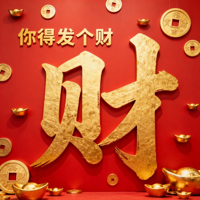 红色背景，点缀金色铜钱和元宝装饰，中央是巨型金色书法风格的“财”字，“你得发个财”五个金色大字横向缩小排列在“财”字的左上方，整体风格喜庆、大气，适合作为打卡背景板预览效果