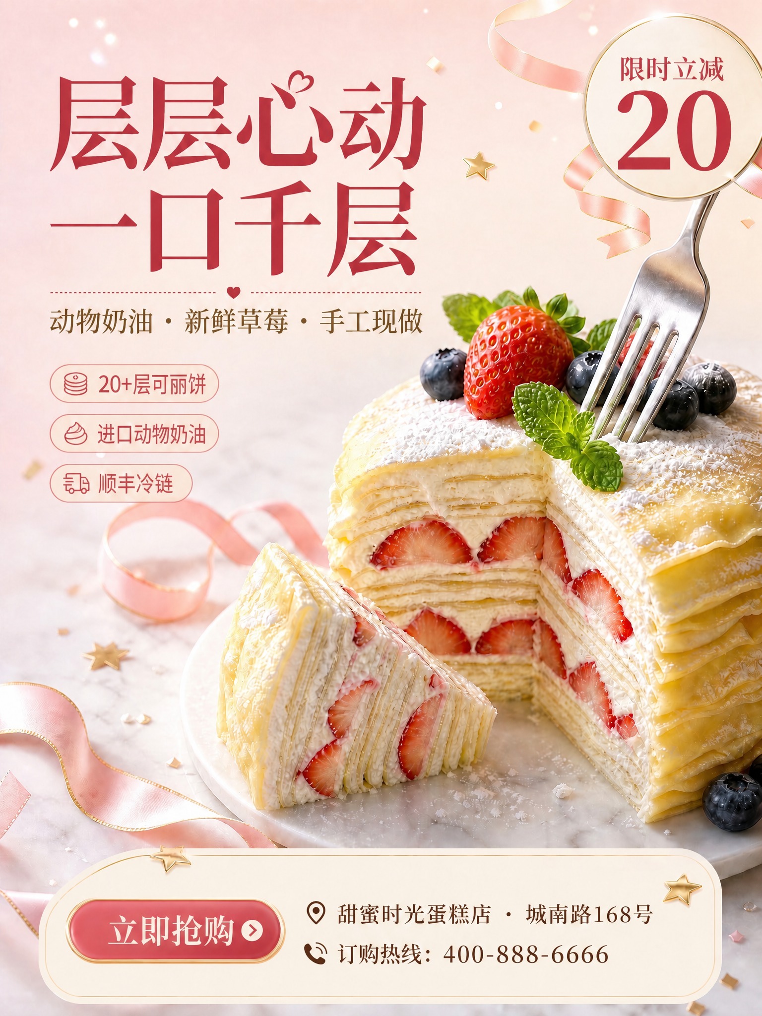 在海报底部奶油色圆角横幅区域内，"立即抢购"按钮的右侧，添加地… - 图片创意预览