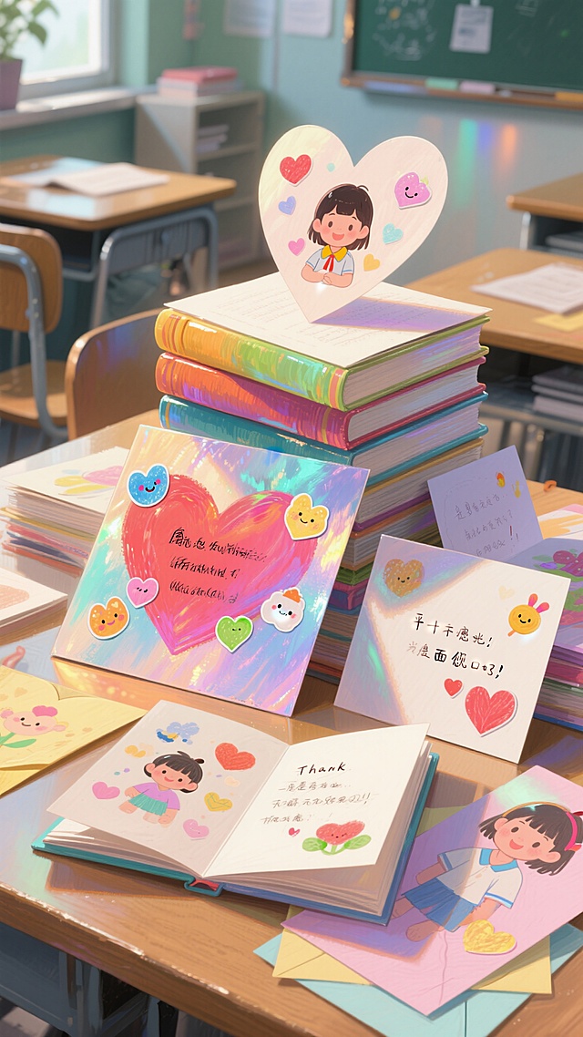 水彩风插画，清新可爱的心形贺卡与书本堆叠，手账风设计，满载童趣与温馨祝福。