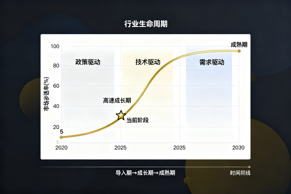 信息图风格，白色背景，展示行业生命周期的平滑S型折线图。横轴标注年份“2020”、“2025”、“2030”，纵轴标注“市场渗透率(%)”，范围0到100。一条平滑的金色S曲线从(2020, 5)上升预览效果