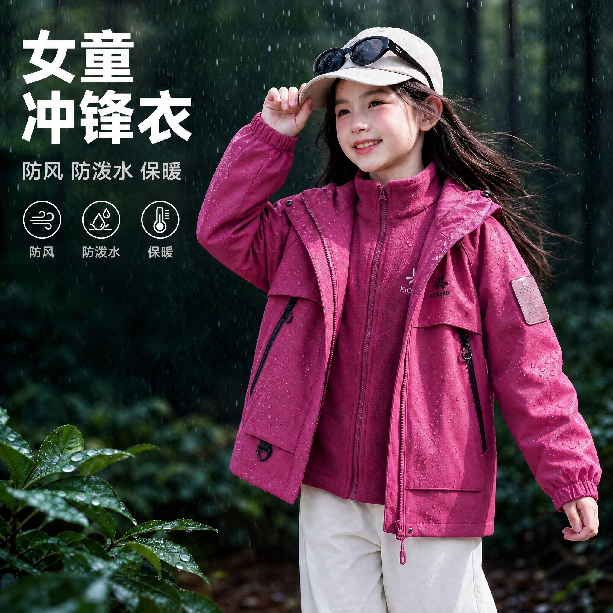 将图中左侧的'女童冲锋衣'白色大字标题整体往左上角方向移动一小… - 图片创意预览