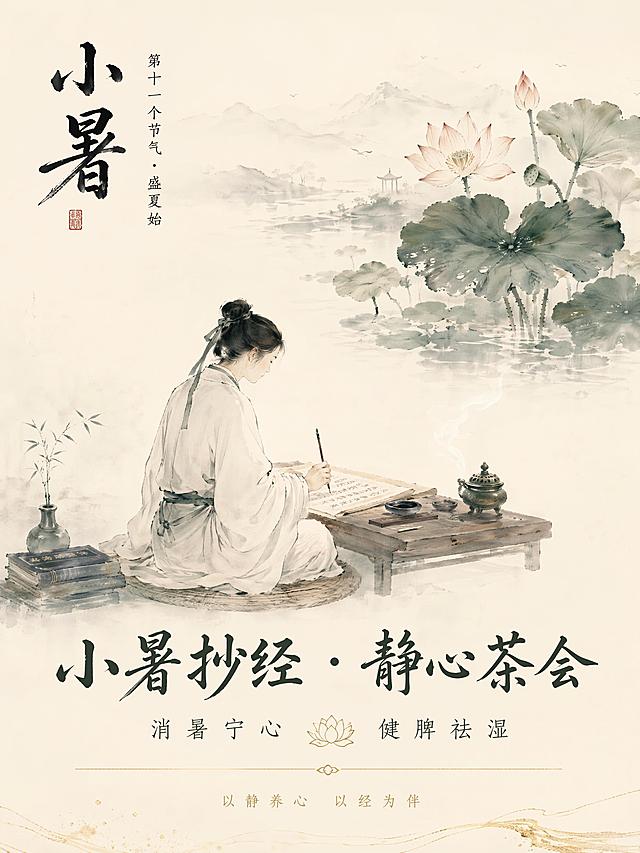 竖版海报，中式水墨禅意风格，米白背景。画面自上而下：上部为淡墨远山与荷花荷叶，左上角有书法"小暑"及小字"第十一个节气·盛夏始"。中部为一位素衣人物静坐抄经的侧影，毛笔宣纸清晰，有袅袅香烟。下部以书法字体呈现主标题"小暑抄经·静心茶会"，副标题"消暑宁心 健脾祛湿"，底部有金色细线和小字"以静养心 以经为伴"。整体色调米白、墨绿、浅金，留白充裕，宁静悠远。版式精美，宽高比3:4。