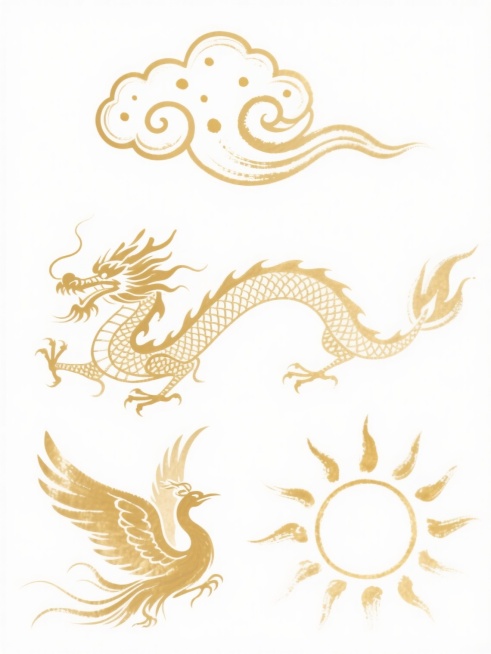 中国传统水墨风格的金色系列素材集合，四个规整排布的图案，每个图案均采用淡雅的金色水墨笔触绘制，线条流畅飘逸，带有自然的墨晕效果和金色飞白质感，背景为纯白色。第一个图案是祥云，呈现出卷曲流畅的云朵形态，点缀金色墨点；第二个图案是龙，身姿矫健，龙鳞和龙须以细腻的水墨线条勾勒；第三个图案是凤凰，羽翼舒展，尾羽飘逸；第四个图案是太阳，圆形轮廓内部有放射状的金色笔触，整体营造出典雅、祥瑞、传统的氛围，各……预览效果