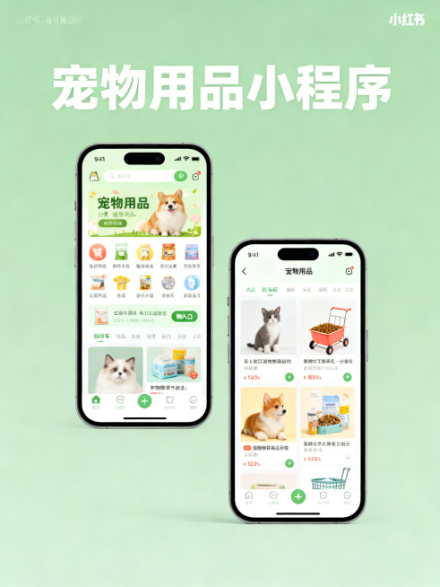 小红书海报封面，纯色干净背景，顶部大字号标题“宠物用品小程序”，下方放置两张竖屏正面手机截图，截图内容为宠物用品小程序UI页面，包含商品展示、分类导航、购物车入口等宠物用品相关界面元素，整体风格清新可预览效果