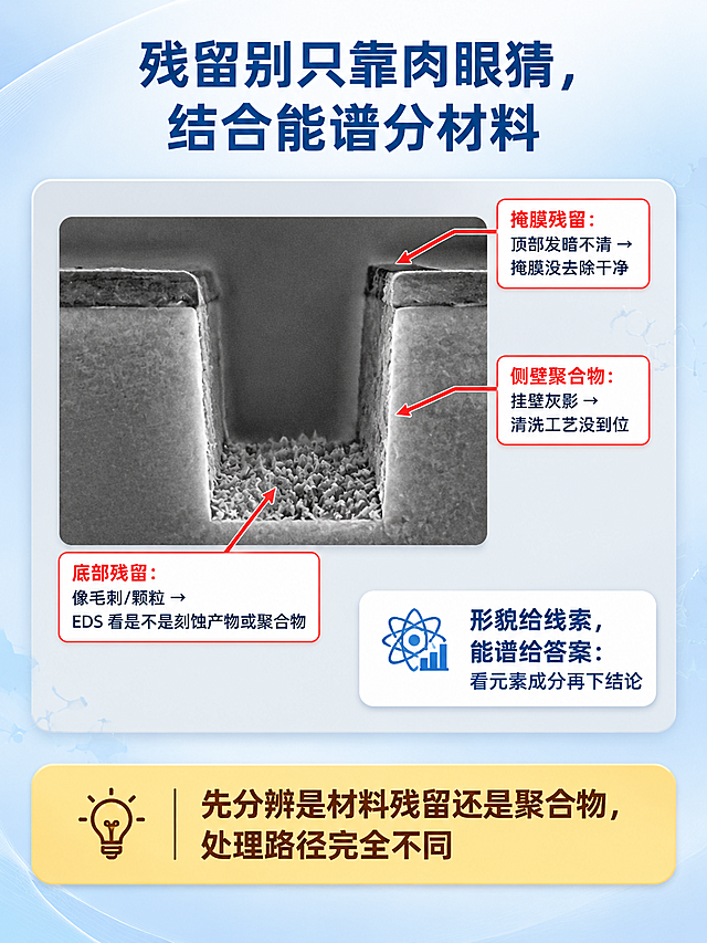 竖版信息图，浅灰蓝渐变背景。顶部标题："残留别只靠肉眼猜，结合能谱分材料"，深蓝色大字居中。画面中部是一个灰阶圆角卡片，内有SEM沟槽底部视野示意图：沟槽底部毛糙区、侧壁挂膜阴影、掩膜顶部未清亮，三处分别有红色箭头标注。第一处箭头指向底部："底部残留：像毛刺/颗粒 → EDS 看是不是刻蚀产物或聚合物"。第二处箭头指向侧壁："侧壁聚合物：挂壁灰影 → 清洗工艺没到位"。第三处箭头指向掩膜顶部："掩膜残留：顶部发暗不清 → 掩膜没去除干净"。卡片旁边有白底圆角小标签卡，文字："形貌给线索，能谱给答案：看元素成分再下结论"。画面底部是暖黄色结论条，深棕色文字："先分辨是材料残留还是聚合物，处理路径完全不同"。整体风格专业科技感，信息图式设计。