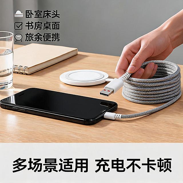 [主图修改] 将桌面场景中的数据线整理为规整圆形盘绕造型，让线身更美观整齐。
[氛围风格] 保留原场景生活化自然质感，整体风格统一。
[画质] 高清商业摄影质感，产品清晰，场景通透自然。
[元素] 保留原场景所有元素：右手握USB接口、黑色手机插入Type-C接口、木质桌面、透明水杯、笔记本、无线充，背景墙面不变。仅将多余松散线材重新整理为规整圆润的圆形盘绕在画面右侧，线身排列整齐层次均匀，造型美观。保持数据线外观、灰色编织材质、接口白色颜色、金属接头细节与原产品完全一致，杜绝变形和色差。产品主体占比合理，不遮挡其他场景元素。
[光影] 保留原场景左侧自然光射入效果，光线柔和自然，新整理线材阴影和光影和整体场景保持一致，过渡自然不突兀。
[配色] 保留原场景配色：木色桌面、浅灰背景，保持整体协调统一。
[文字版式] 保留原有文字内容和排版位置不变：左上角三个卖点文字“卧室床头、书房桌面、旅途便携”，底部大字“多场景适用 充电不卡顿”，所有文字位置大小颜色保持不变，文字依然清晰可读。
[比例分辨率] 1:1比例，2K分辨率，超高清。
[负向提示词] 线材变形，文字错乱，场景破坏，造型杂乱，色差，水印，电商平台Logo