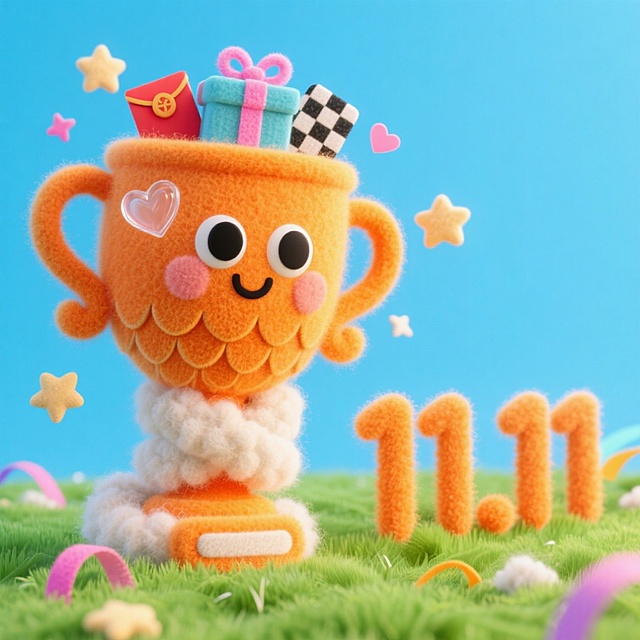 画面主体是一个拟人化的橙色奖杯形象，它有着大大的黑色眼睛和可爱的笑脸，显得十分俏皮活泼。奖杯上方装着礼盒、红包，还有透明带粉色星星的装饰、黑白格纹的心形等元素，周围环绕着星星、彩带等，整体在蓝天绿草的背景下，旁边“11.11”毛绒字体装饰，营造出一种欢快、充满想象力的氛围，仿佛是在一个充满童趣的梦幻世界里，展现出活力与创意的融合。