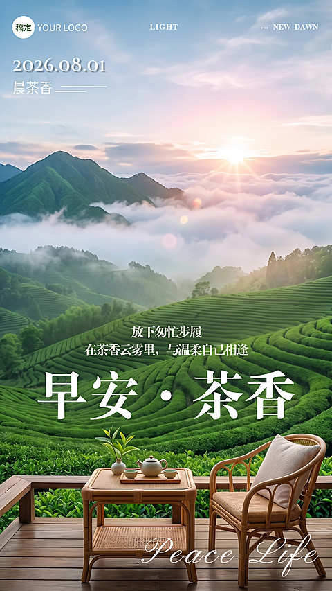 八月你好早安日签云雾日出治愈高级正能量企业问候竖版朋友圈海报