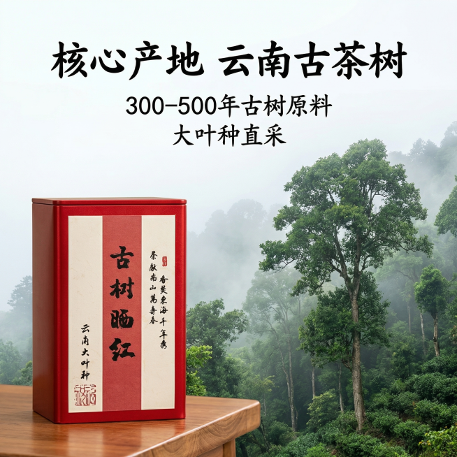 [主图 2] 古树红茶核心卖点溯源图
[氛围风格] 国风原产地氛围，自然雅致
[画面元素] 商业摄影质感、光线柔和通透、产品清晰真实、画面干净高级。左侧展示完整红色铁罐古树红茶（保持外观与原图一致），预览效果