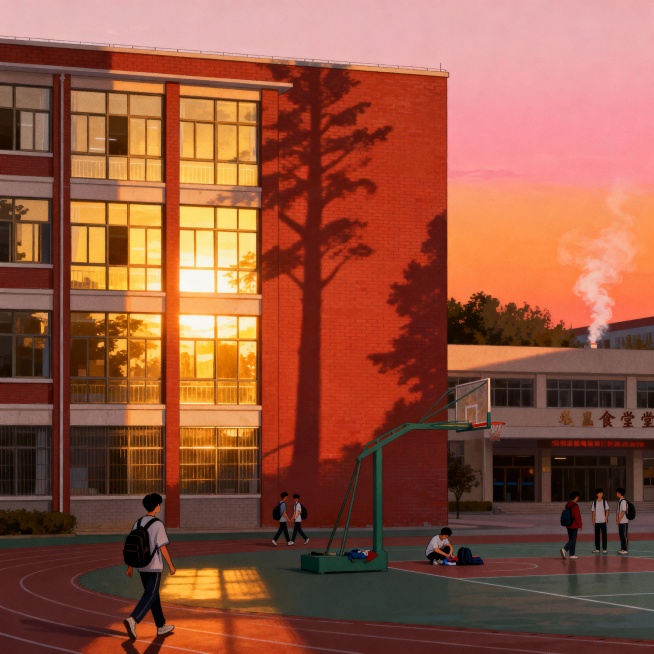 以“校园黄昏”为主题，创作一幅原创插画，风格不限（可选择国风、赛博朋克、写实等），画面需突出“黄昏光影、城市建筑、生活气息”三大核心要素。预览效果