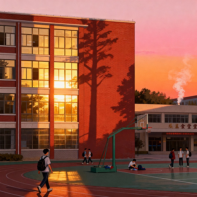 以“校园黄昏”为主题，创作一幅原创插画，风格不限（可选择国风、赛博朋克、写实等），画面需突出“黄昏光影、城市建筑、生活气息”三大核心要素。