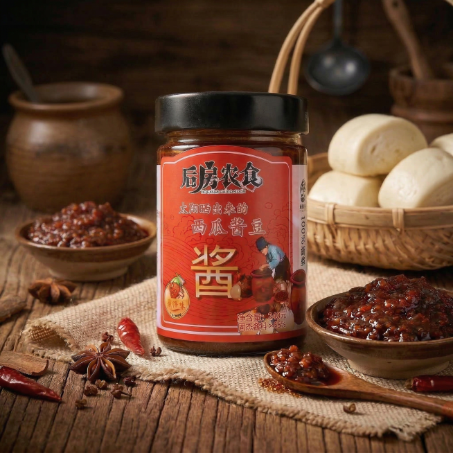 以优化后的场景为基础，瓶身标签所有文字和细节完全保留，酱体质感保持深褐色油亮颗粒状，调整道具（香料、辣椒、木勺、瓷碗、馒头篮）的摆放位置、数量和角度，改变产品放置角度和周围光影细节，暖调侧光暗调氛围保预览效果