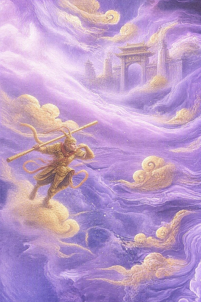 在画面中添加西游记经典元素，包括：腾云驾雾的孙悟空（手持金箍棒，身披金甲，姿态灵动）、远处的天宫南天门轮廓、以及筋斗云形态的祥云，所有元素采用与画面一致的油画肌理质感，金色和紫色调统一，元素自然融入紫色星云云海之中，保持整体梦幻国风氛围，元素大小适中不要过于突兀