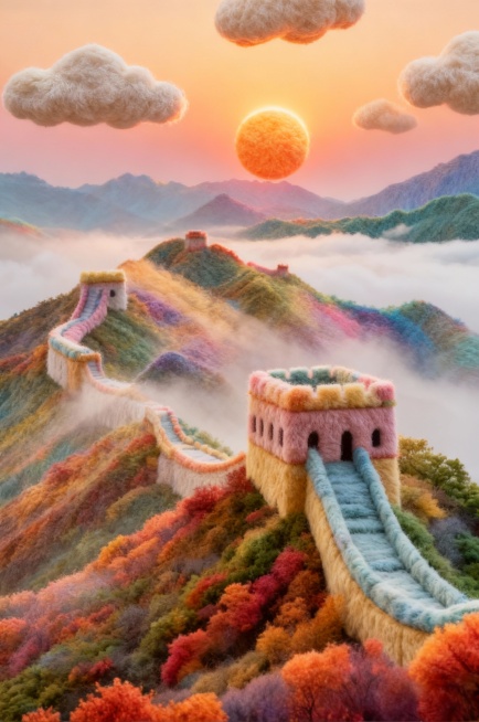 建筑整体呈现出全毛绒质感的风格，毛绒有层次感，毛绒颜色为彩虹色调。建筑保留原始形状，各个部分都如同被几种颜色柔软的毛绒材质精心包裹，天空添加几朵毛绒的云，把太阳也变成毛绒质感预览效果