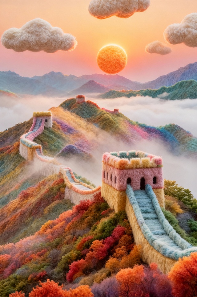 梦幻毛绒长城，软3D插画风，彩虹山峦与云海交织，夕阳柔光中尽显童话浪漫与温柔体积感。