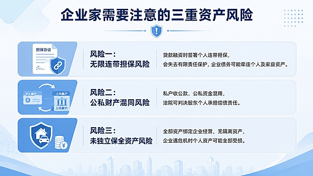 生成一张企业风险管理培训PPT内页，标题是"企业家需要注意的三重资产风险"，内容分为三个模块：风险一：无限连带担保风险，说明：贷款融资时签署个人连带担保，会失去有限责任保护，企业债务可能牵连个人及家庭资产。风险二：公私财产混同风险，说明：私户收公款、公私资金混用，法院可判决股东个人承担偿债责任。风险三：未独立保全资产风险，说明：全部资产绑定企业经营，无隔离资产，企业遇危机时个人资产可能全部受损。要求用简约图文排版，图标搭配文字，整体专业商务浅蓝商务风，排版清晰整洁。