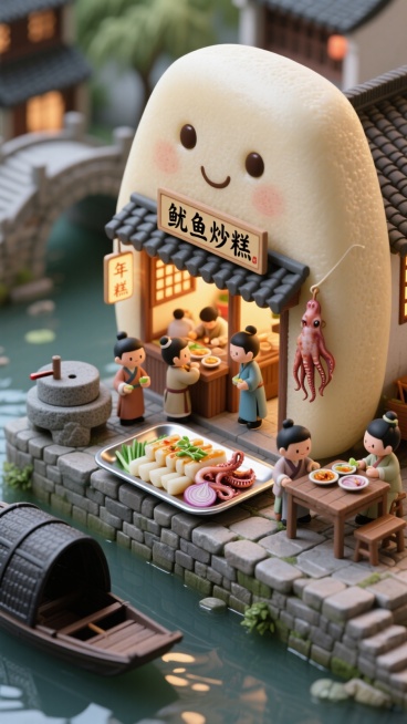 店铺是一个巨大年糕形状，年糕有窗户，招牌写“鱿鱼炒糕” ，门口挂鱿鱼，屋内透出暖光。店铺周围有江南水乡元素，石砌河岸、水面、乌篷船，岸边有石磨，穿着中式传统服饰的小人物，有站在店门口的，有在店内忙碌的预览效果