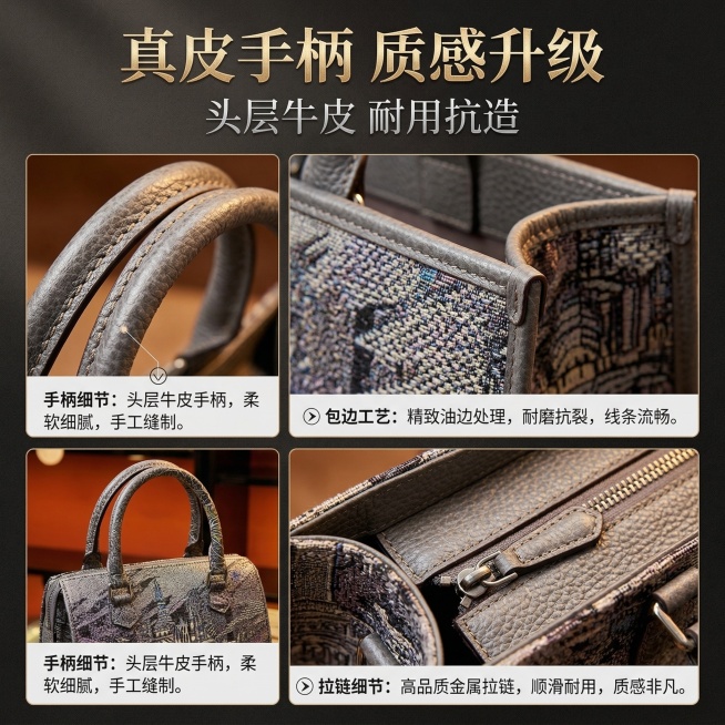 严格还原产品细节，主体为托特包真皮手柄、包边、拉链的特写镜头，分屏展示材质细节，暖光特写，突出真皮的质感与做工。主标题：“真皮手柄 质感升级”，烫金衬线字体，画面上方居中；副标题：“头层牛皮 耐用抗造预览效果