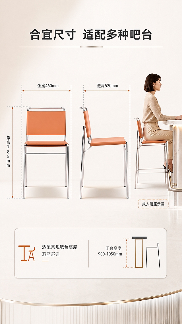 [商品] 使用【图1】B2505吧椅；保留橙色马鞍硬皮坐面与靠背、镜面亮光不锈钢椅架、整体结构比例和颜色；产品正侧视展示，用于尺寸标注。
[画面] 目标：空间尺度展示页，尺寸利益可视化。产品正侧视大图居中（占画面约55%），四周用虚线+数字标注长宽高尺寸；旁边配人物半身侧影作比例参照；底部标注适配吧台高度；背景为纯净暖白+柔和投影，简洁清晰。
[视觉] 套系策略：风格=高级大气现代轻奢商业摄影；标题字=现代无衬线粗体中文；正文字=简洁无衬线体；主色=暖白+金属银+暖橙；背景延展=基于暖白做深浅层级、同色渐变和细腻石材/金属质感；强调色=暖橙色，仅用于小面积图标、引线和标签；标题色=深炭灰；正文色=中暖灰；组件=细线引线、圆角浅底信息卡、金属质感分割线；光影=左前侧暖柔光，金属椅架有清晰高光反射。
[文字] 顶部主标题「合宜尺寸 适配多种吧台」（10字）；尺寸标注：坐宽460mm、进深520mm、总高785mm；底部说明「适配常规吧台高度 落座舒适」；右侧人物比例参照标注「成人落座示意」。
[规格] 图片比例9:16竖版，4K分辨率，负向提示：避免变形、错字、文字过小、冷蓝/蓝灰背景、产品颜色改变、结构失真、极限词、平台Logo水印。