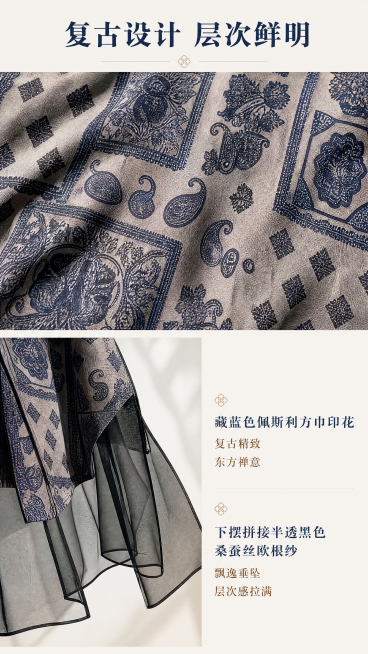 [第4屏] 设计细节展示，解读复古印花与欧根纱拼接工艺。
[氛围/风格] 细节特写展示，新中式雅致氛围，柔和光影，突出工艺精致感。
[元素布局] 本屏使用「图1」，分上下两个特写区域：上半区展示灰调底预览效果
