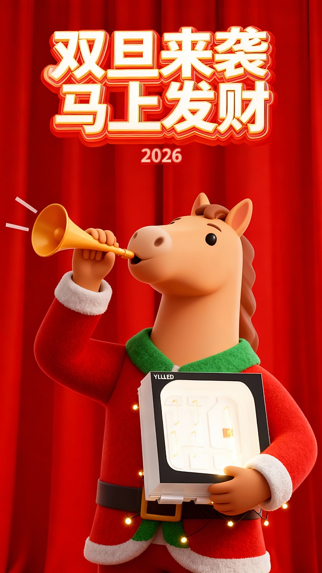 软3D风格拟人马身穿圣诞服饰，手持喇叭与发光礼盒，毛发生长质感细腻，面料纹理生动，喜庆红幕背景烘托节日氛围，卡通感十足。