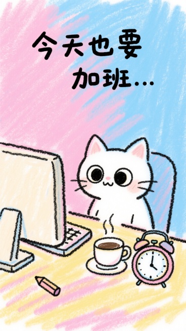 背景粉蓝渐变，主体是手绘q版简笔画小猫看着桌上的电脑，旁边还有咖啡和闹钟，配文“今天也要加班..”预览效果