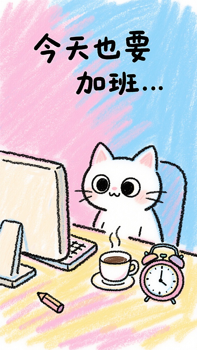 蜡笔风插画，拟人猫咪办公场景，可爱卡通风格，温馨励志。