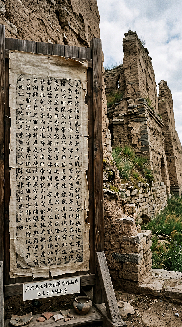 韩德让墓出土的墓志铭拓片特写，旁边是辽代文忠王府遗址古迹，历史考古风格