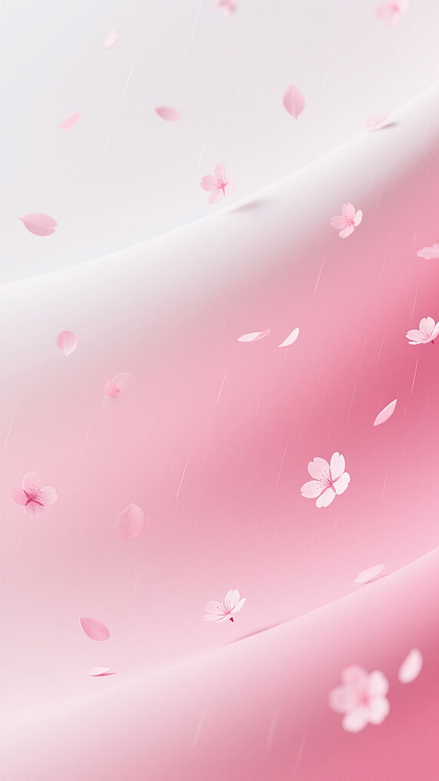 一张柔和的粉白渐变背景图，从上到下由纯净的白色平滑过渡到温柔的浅粉色，再到饱满的深粉色，色彩过渡自然流畅，呈现出细腻的3D质感渐变效果。整个画面简洁干净，充满了宁静、温柔的氛围。在这片渐变背景中，点缀着轻盈飘落的樱花雨，粉色的樱花瓣大小不一，分布自然，如同在空中缓缓飞舞，为整体画面增添了一丝浪漫与灵动的气息。