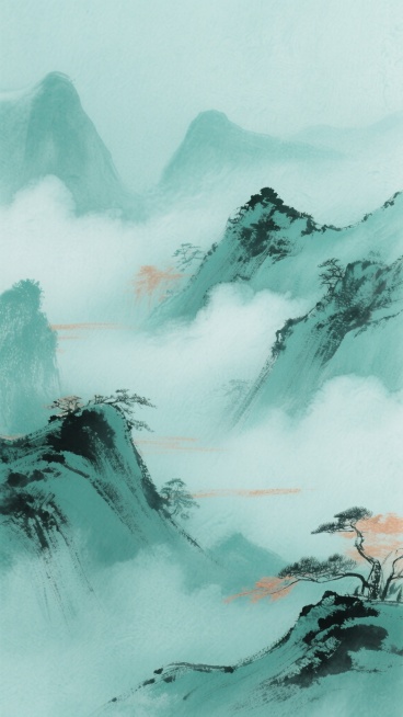 具有浓厚磨砂质感的水墨风背景，融入国风山水意境，以青绿色为主色调，搭配淡雅的墨色和少量赭石色点缀，整体呈现出清新雅致的东方韵味。画面中可见隐约的山峦轮廓和云雾缭绕的景象，笔触自然洒脱，层次分明，营造出宁静悠远的氛围。预览效果