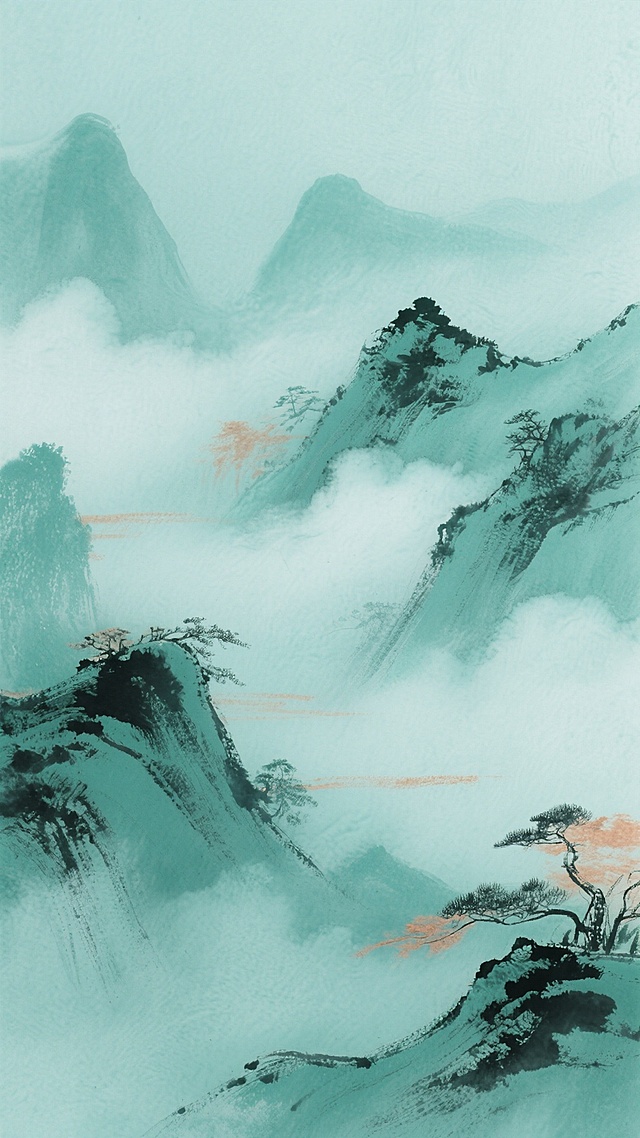 具有浓厚磨砂质感的水墨风背景，融入国风山水意境，以青绿色为主色调，搭配淡雅的墨色和少量赭石色点缀，整体呈现出清新雅致的东方韵味。画面中可见隐约的山峦轮廓和云雾缭绕的景象，笔触自然洒脱，层次分明，营造出宁静悠远的氛围。