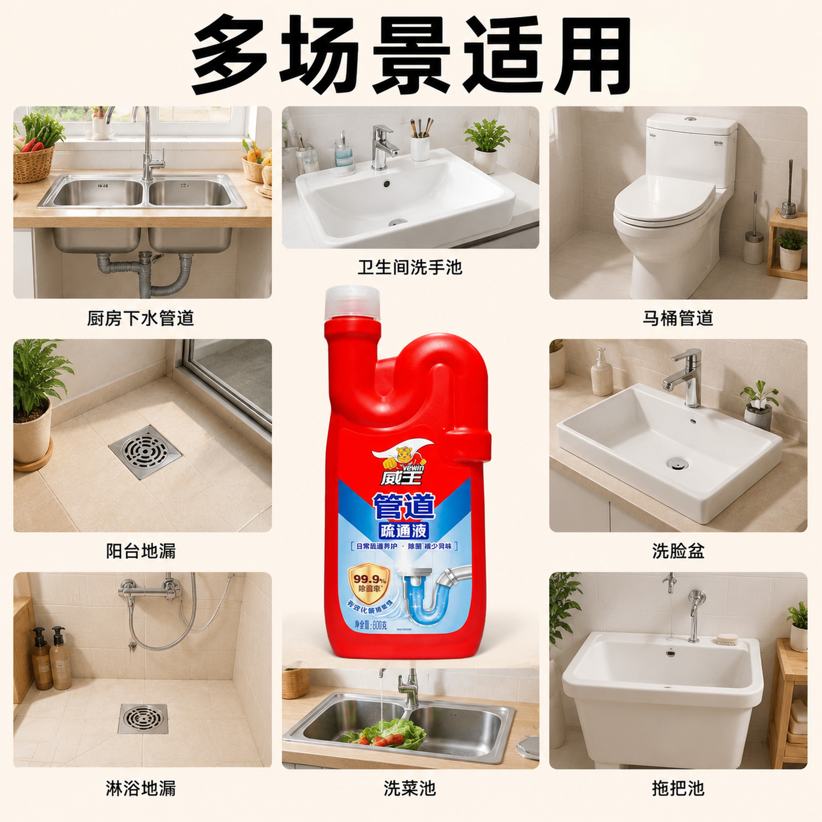 [主图-4] 威王管道疏通液多适用场景展示图 [氛围风格] 生… - 图片创意预览