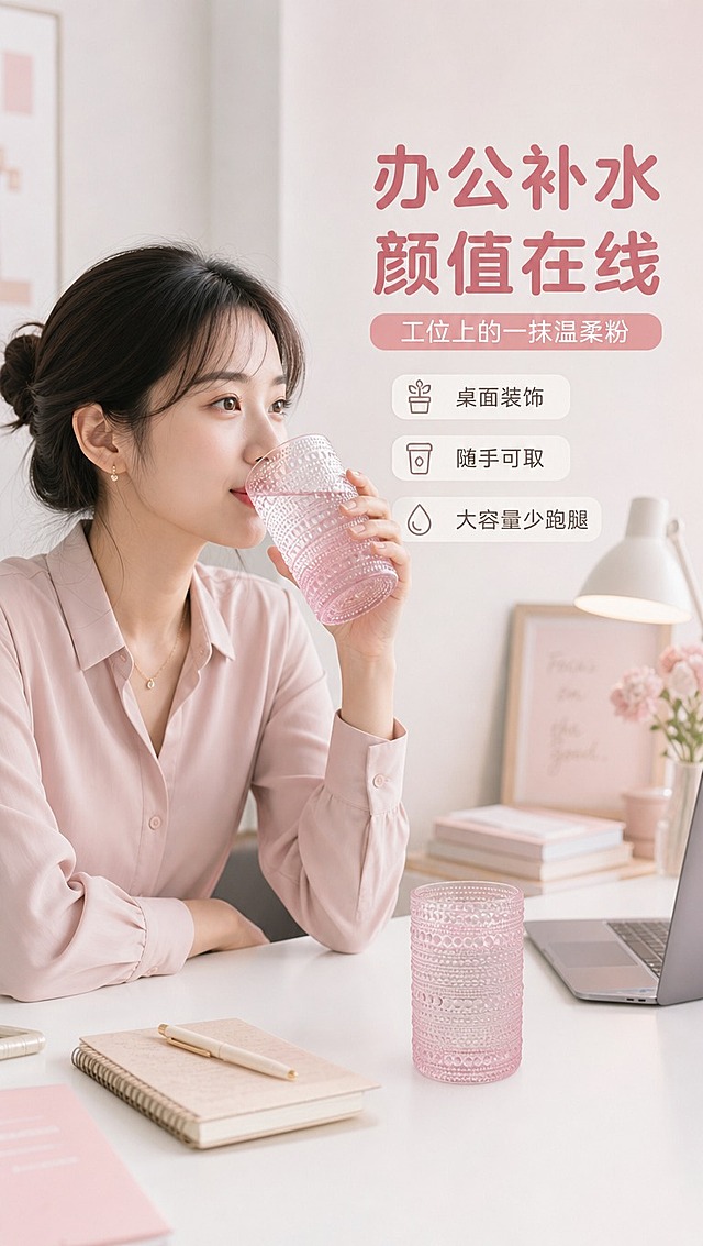 [商品] 使用【图1】粉色珠点浮雕玻璃杯；保留珠点纹理、粉色玻璃材质、直身造型；杯中加入透明水或浅色饮品，放置于办公桌面。
[画面] 目标：人物使用页，办公场景展示多场景适配。构图：右文左物，人物在画面左侧，产品在右侧桌面占画面50%。景别：胸部以上半身+桌面中景。场景：简约明亮的办公室/居家书桌场景，白色桌面，背景有虚化的笔记本电脑、书本、小台灯；亚洲年轻女性坐在桌前，手轻扶杯身，作工作间隙饮水状，表情专注自然，穿着简约通勤上衣。
[视觉] 套系策略：风格=清新马卡龙风轻法式商业摄影；标题字=圆角黑体粗体；正文字=简洁无衬线黑体；主色=樱花粉；背景延展=基于樱花粉做深浅层级、同色渐变和细腻磨砂/纸张质感，搭配米白、浅木色中性色；强调色=奶白色，仅用于小面积图标、引线和标签底衬；标题色=深豆沙粉；正文色=暖灰棕；组件=圆角浅底信息卡、细线引线、胶囊标签；光影=左前侧暖柔光，柔和通透。
[文字] 右侧主标题「办公补水 颜值在线」，副标题「工位上的一抹温柔粉」，下方3个短卖点：桌面装饰 | 随手可取 | 大容量少跑腿；文字区位于右侧留白，不遮挡人物和产品主体，全部横向排版。
[规格] 图片比例9:16竖版，4K分辨率，medium质量，避免变形、错字、文字过小、冷蓝背景、产品颜色改变、人物表情僵硬、绝对化用语。