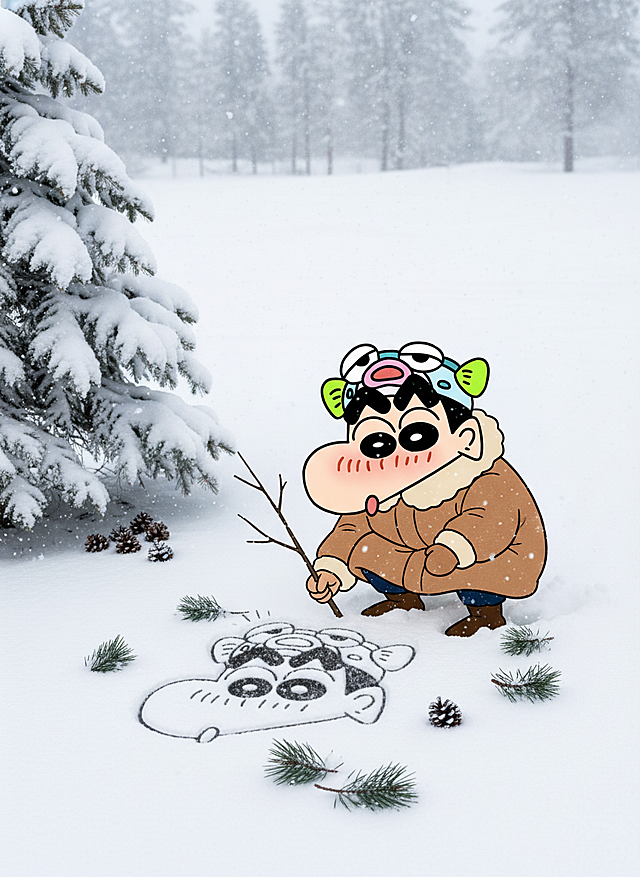 画面主视觉是图示人物蹲在雪地上用树枝画自画像（画像为日漫风，无色彩），并与自画像合影，，穿浅棕毛呢外套。周围落松针、飘雪花，树下堆松果。