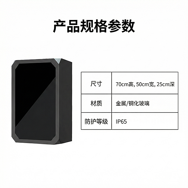 [主图 5] 充电桩保护柜尺寸规格参数图
[氛围风格] 专业严谨，参数清晰直观
[画面元素] 商业摄影质感、光线柔和通透、产品清晰真实、画面干净高级。保护柜放置在画面左侧，右侧使用极细线框表格清晰罗列核心参数：长宽高尺寸、材质、防护等级，字体整齐排列，产品完整展示，保留原有外观造型。背景为白色干净底色。
[配色色系] 白底黑字，黑色产品，对比清晰
[视角构图] 左产品右参数，左右布局均衡，平视视角
[文字版式] 顶部标题“产品规格参数”黑色加粗居中；表格内文字左对齐，参数值右对齐，字体大小适中，清晰易读。
[比例分辨率] 1:1 比例，2k 分辨率；文字清晰可辨，超高清
[负向提示词] 变形，水印，文字错乱，表格歪斜，参数模糊，遮挡产品