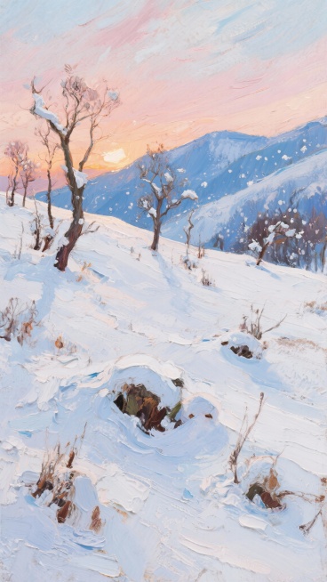 布满积雪的山坡间稀疏分布着枯树；落日背景；预览效果