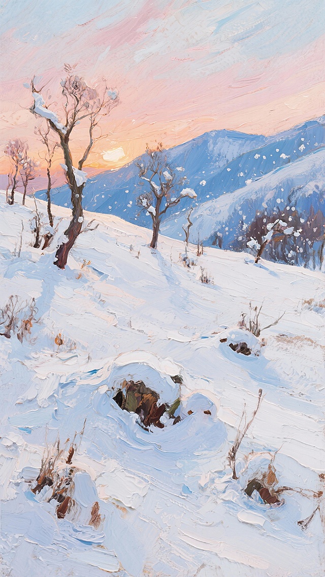 布满积雪的山坡间稀疏分布着枯树；落日背景；