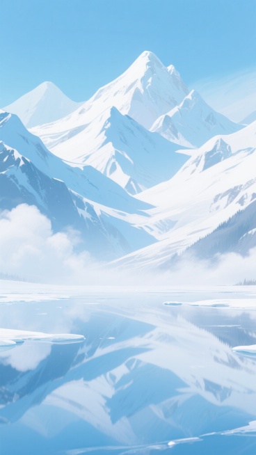 动漫风格雪山风景插画，纯净的冰雪世界，连绵起伏的雪山群峰，山顶覆盖着厚厚的积雪，山体呈现出柔和的蓝白色渐变，山脚处有轻盈的云雾缭绕，平静的冰面倒映着雪山和天空，天空是清澈的浅蓝色，整体画面清新唯美，充满宁静与梦幻感，线条流畅柔和，色彩明快透亮，具有鲜明的二次元美学特征。预览效果