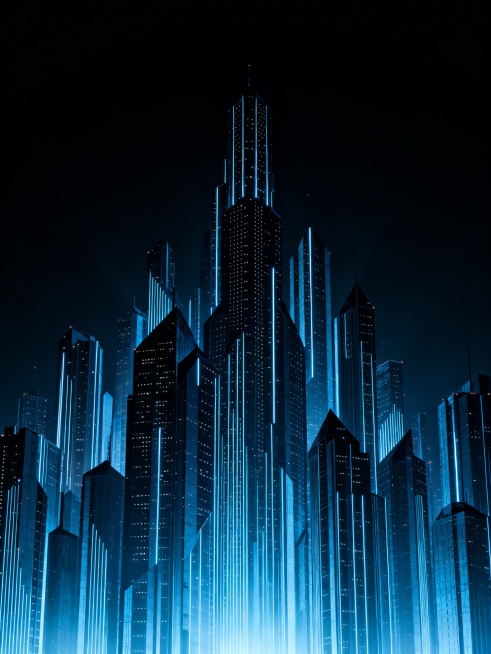 深蓝色赛博朋克风格的未来城市夜景，由无数高耸入云、形态各异的几何状摩天大楼组成，建筑表面布满细长的发光线条和点状光源，整体呈现从底部深蓝色向顶部渐变至深邃黑色的色调，光线从底部向上柔和发散，营造出神秘而科技感十足的氛围，画面构图饱满，建筑密集排列形成强烈的纵深感和视觉冲击力，无任何文字信息。预览效果
