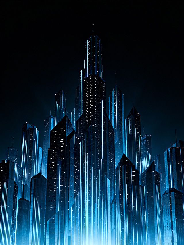 深蓝色赛博朋克风格的未来城市夜景，由无数高耸入云、形态各异的几何状摩天大楼组成，建筑表面布满细长的发光线条和点状光源，整体呈现从底部深蓝色向顶部渐变至深邃黑色的色调，光线从底部向上柔和发散，营造出神秘而科技感十足的氛围，画面构图饱满，建筑密集排列形成强烈的纵深感和视觉冲击力，无任何文字信息。