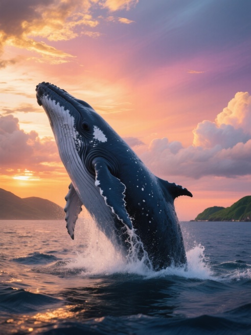 超写实风格，一头巨大的座头鲸从深蓝色的海水中高高跃出，身体呈现优美的弧线，头部微微抬起，嘴巴闭合，背部和鳍上的白色斑点清晰可见，身体上的褶皱和纹理细节丰富，海水从鲸的身体上飞溅而下形成白色的水花，背景是壮丽的日落景象，天空被染成橙色、粉色和紫色的渐变色彩，云层厚重且带有金色的边缘，远处是轮廓模糊的绿色山脉和岛屿，整体画面营造出震撼、神秘而又宁静的氛围，光线从云层间隙洒落，照亮鲸的身体和周围的海……预览效果