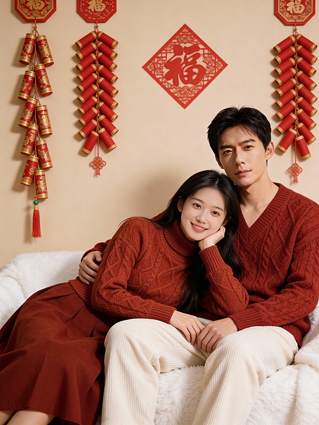 国潮风剪纸元素点缀，复古红金配色营造喜庆氛围，刺绣纹理毛衣呼应中式美学，温馨情侣依偎，尽显新年团圆暖意。