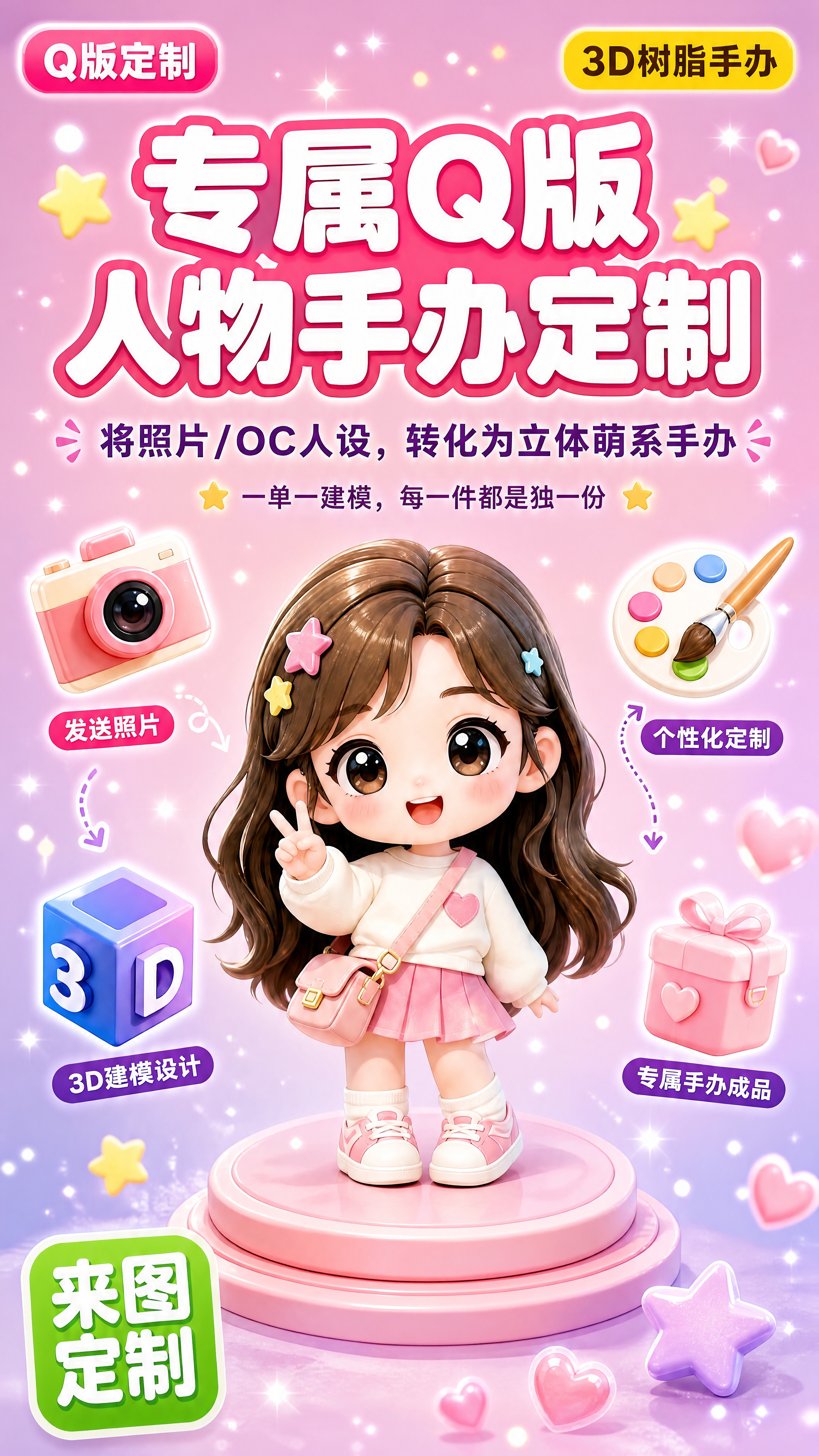 [商品] 使用【图1】Q版人物手办；保留棕色长发、星星发夹（粉… - 图片创意预览