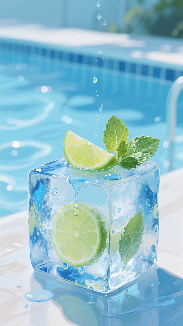 清爽感插画风设计，轻拟物液态冰块融入柠檬与薄荷，泳池背景增添夏日清新氛围。冰块内部冻结着新鲜青柠片和薄荷叶，清澈的蓝色水珠从冰块表面滑落。夏季冰饮与游泳。