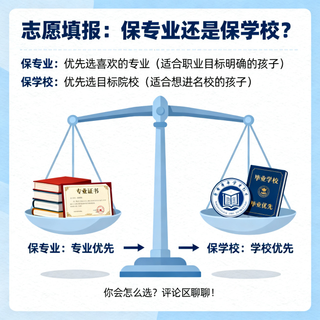 高考志愿填报科普图，1:1正方形，浅蓝白色直观对比风格，字体用无衬线体，背景是一个天平，天平左盘放专业书和专业证书代表保专业，右盘放学校校徽和毕业证代表保学校，天平下方用箭头分别标注"保专业：专业优先预览效果