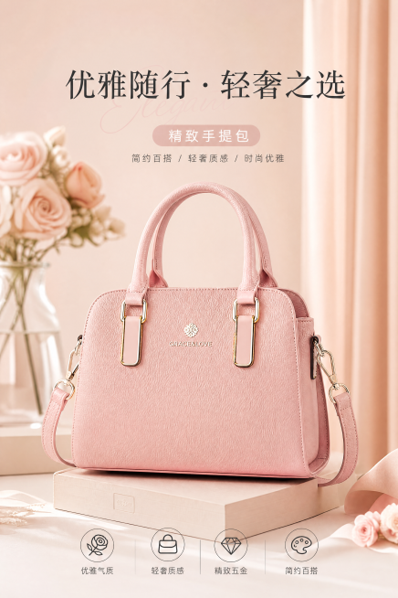 产品名称]：粉色手提包
[核心卖点]：轻奢质感外观、精致五金配饰、简约百搭设计、大容量实用结构
[画面风格]：简约高级感，精致商业摄影，柔和温馨氛围，符合淘宝天猫用户审美偏好

并根据上述信息生成【详预览效果