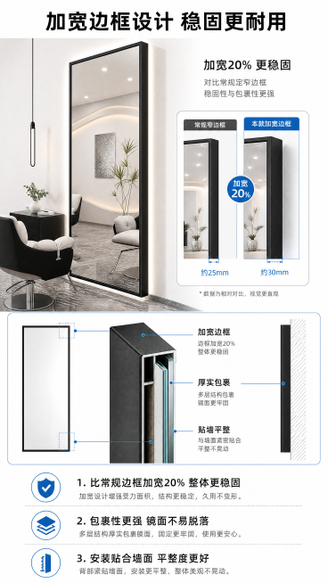 [第4屏] 宽边框结构展示，解析镜台框架稳定性。本屏使用【图1】和【图8】展示结构特点。
[氛围/风格] 结构解析说明页，专业清晰，直观易懂。
[元素布局] 上半部分展示镜台整体侧面结构，突出宽边框厚预览效果